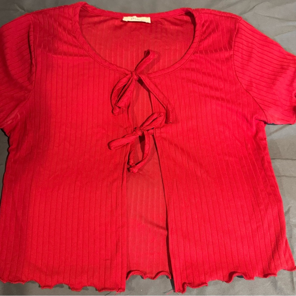 Red Ribbed Tie-Front Top